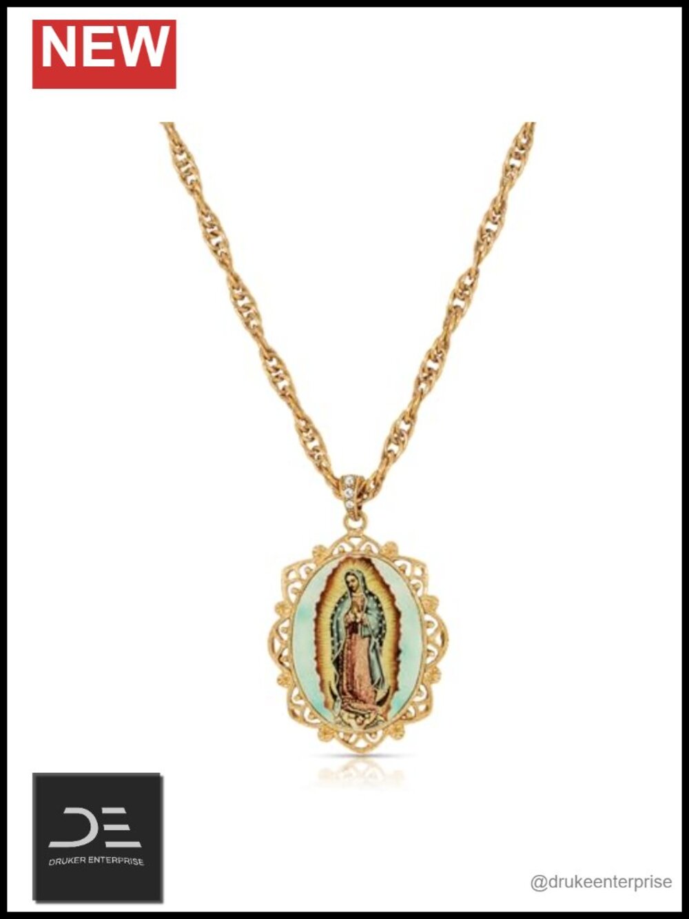 14k Gold-Dipped Enamel Lady of Guadalupe Medallion Pendant Necklace 28in